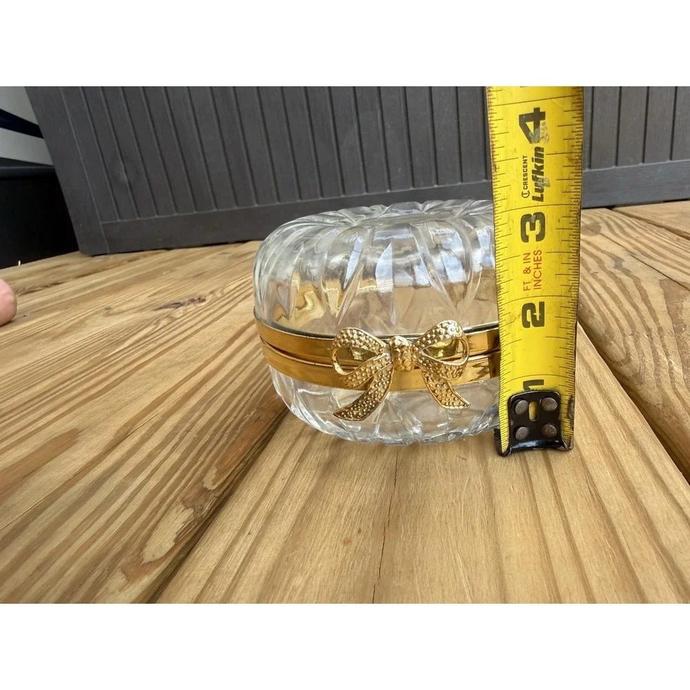 Vintage Cut Glass Crystal Round Gold Trim BowTie Hinged Dresser Trinket Box Bow